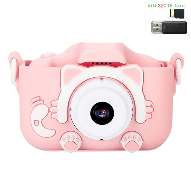 Mini Camera Kids Digital Camera Cartoon Toy HD Camera for Kids Educational Children's Camera Toys for Boy Girl Best: Pink Cat 32G Card