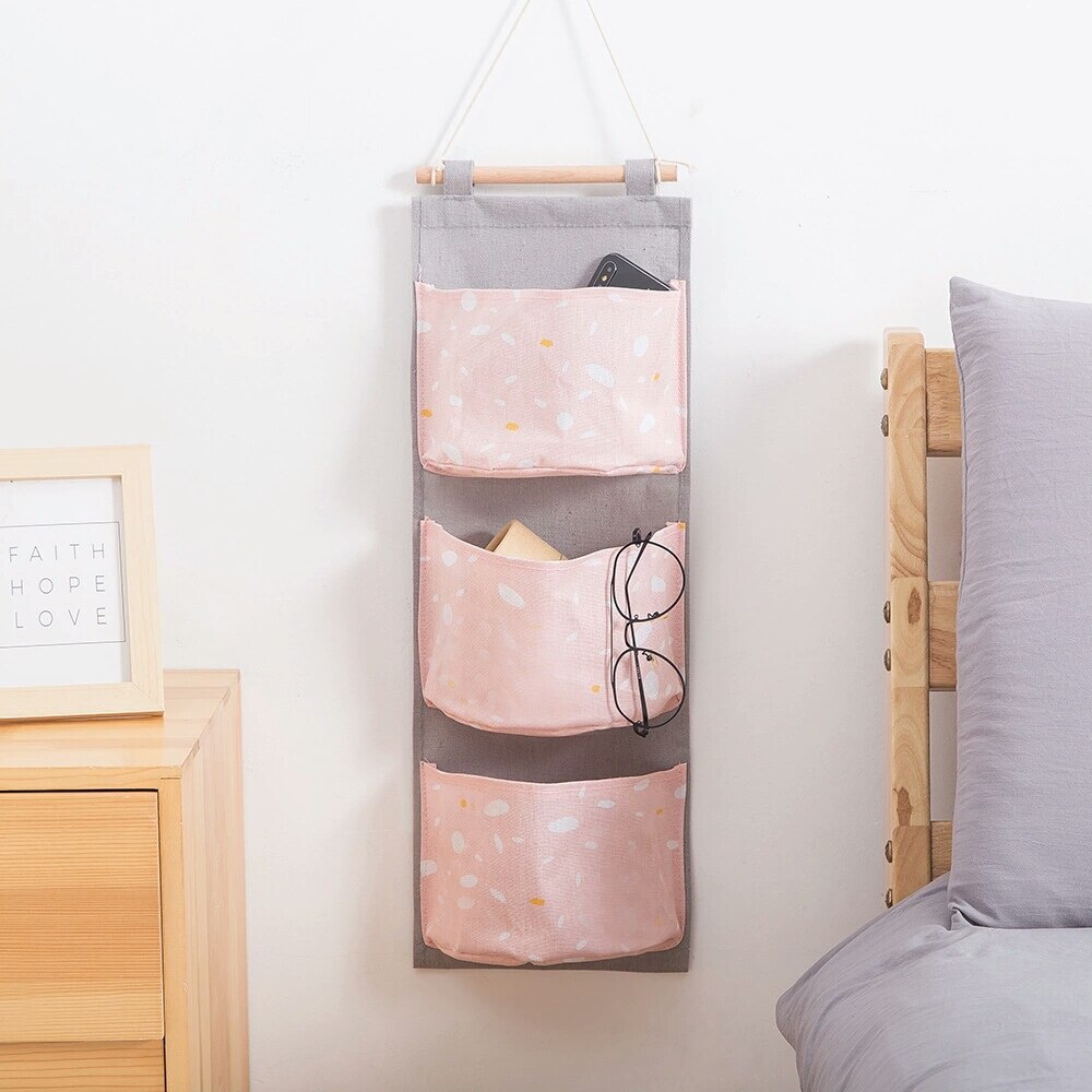 Cotton Linen 3 Pockets Hanging Storage Bag Door Back Wall Bedside Cabinet Grocery Hanging Organizers 