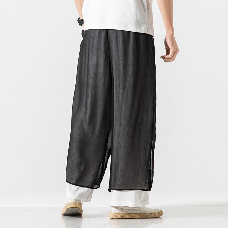 Pantalones de lino y algodón de doble capa para hombre, pantalón informal de pierna ancha, ropa de calle, Pantalones rectos sueltos de empalme de malla, de verano