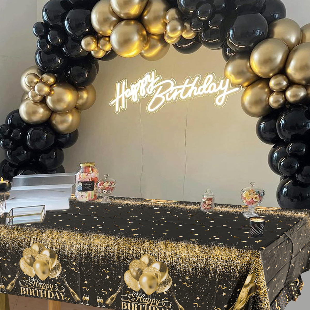 220x130cm Black Gold Rose Gold Disposable Tablecloth Birthday Party Decor for Men Women Years Old Table Cover Party Supplies