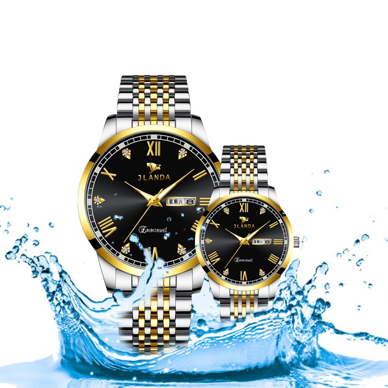 Reloj de lujo para parejas, relojes de pulsera de cuarzo dorados de , de acero inoxidable, analógicos, para mujeres y hombres