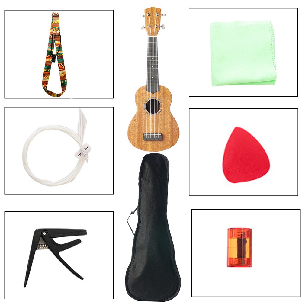 Ukulele 21 Inch Ukeleles Mini Guitar Musical Instrument Solid Wood with String Capo Thumb Hammer Strap for Beginners