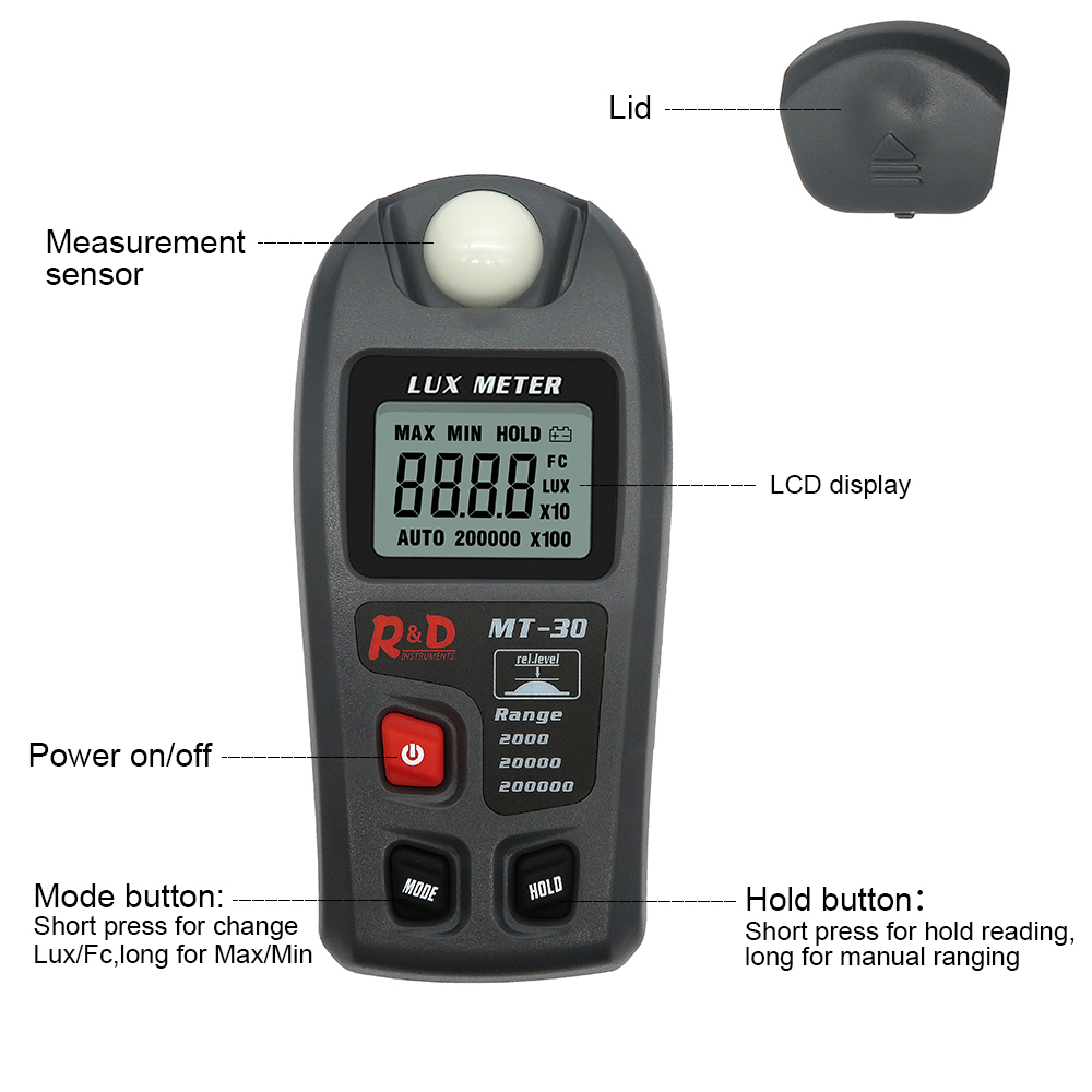 R&amp;D MT30 Grey illuminometer lux/fc photometer tester Enviromental Testing Lux meter 0~200,000lux Range light meter pocket