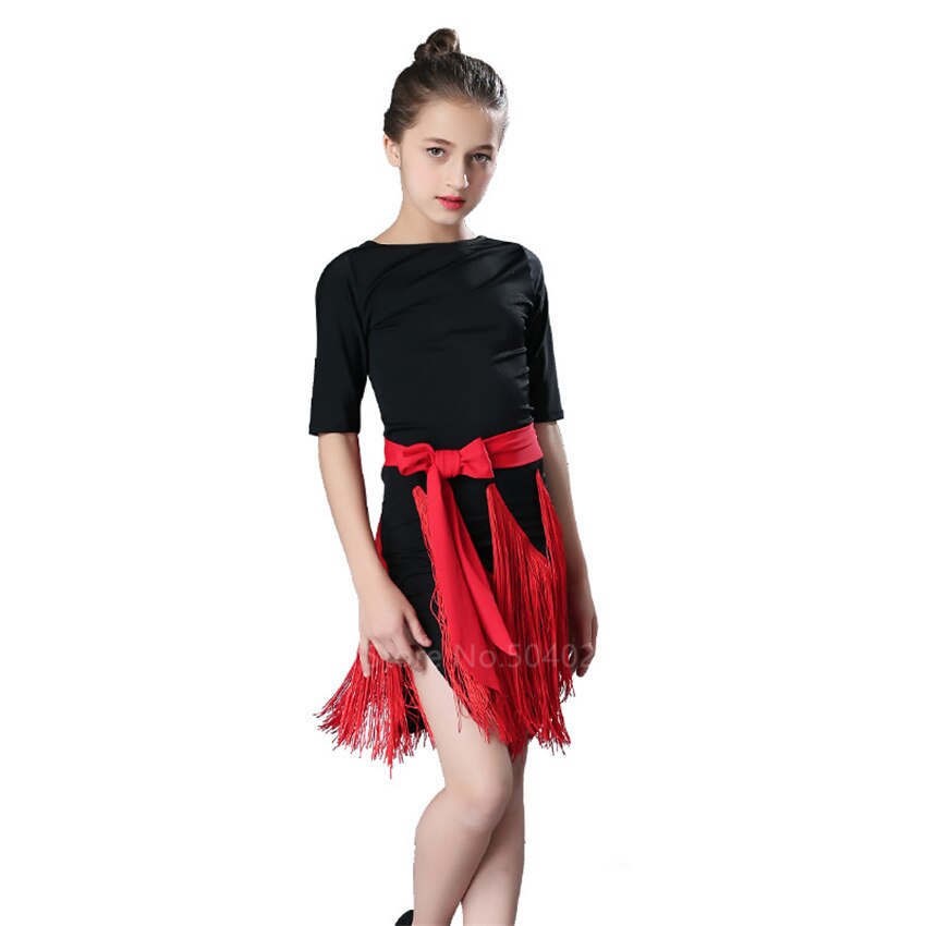 Latinsk dansekjole pige kvast nederdel latinsk salsa børn balsal kjoler halværmet frynser samba karneval kostumer tango børn