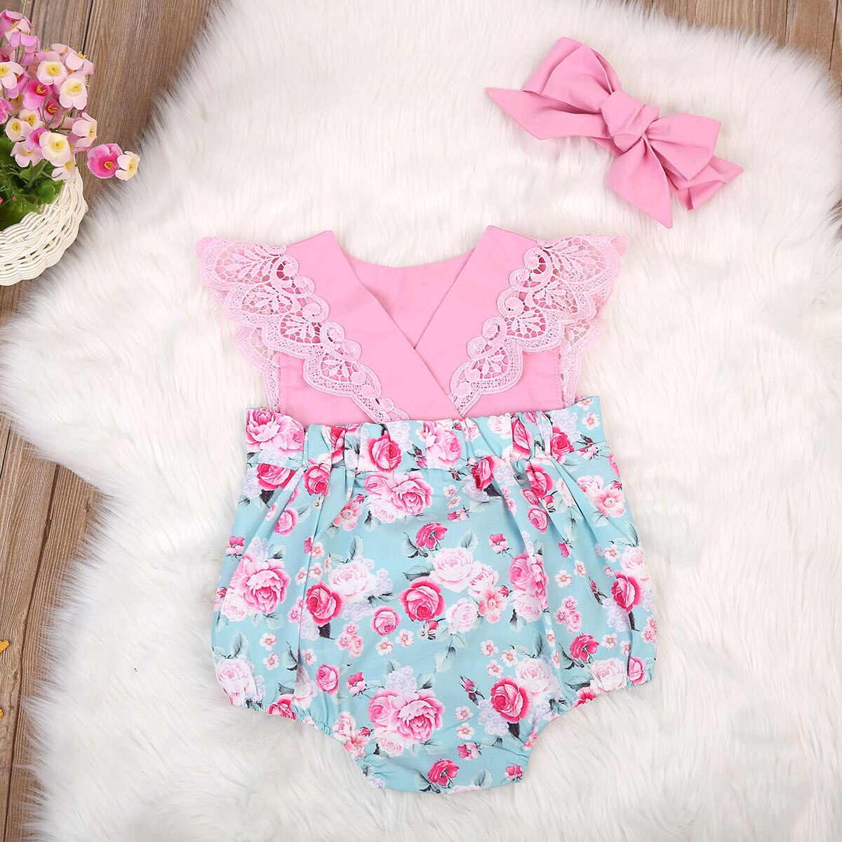 Babymeisjes kinderoutfits set bloemen rug kruis prinses romper kant vliegende mouwen jumpsuit feest zonnepak kleding