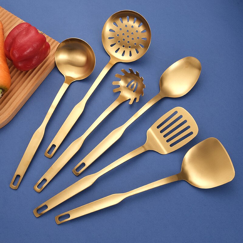 Stainless Steel Gold Kitchenware Cooking Tool Set Scoop Soup Ladle Skimmer Colander Kitchen Gadgets Nonstick Leaky Spatula 1PC