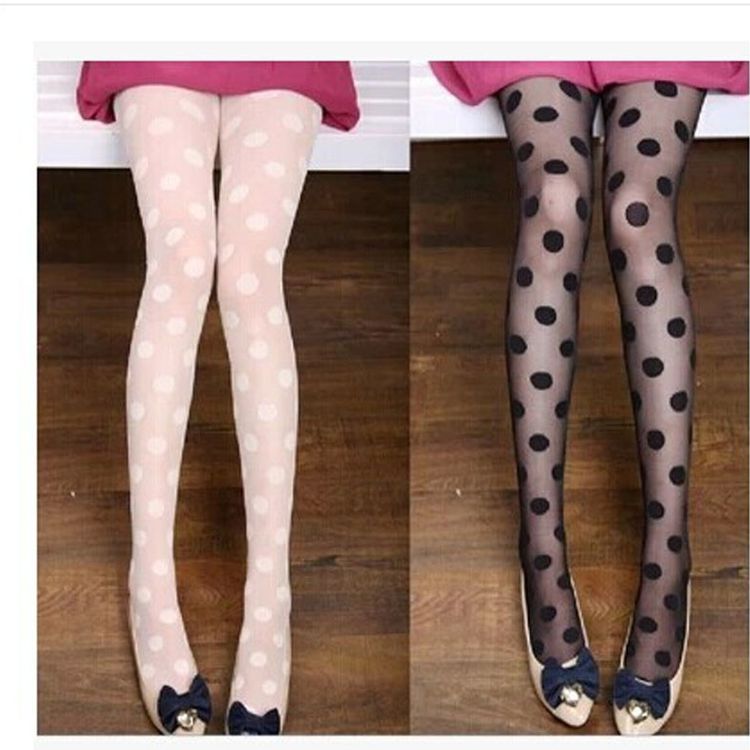 Japan Style Dot Patterned Women Pantyhose Sweet Girl Black Sexy Female Thin Well Match Stocking Transparent Silk Tights: Black