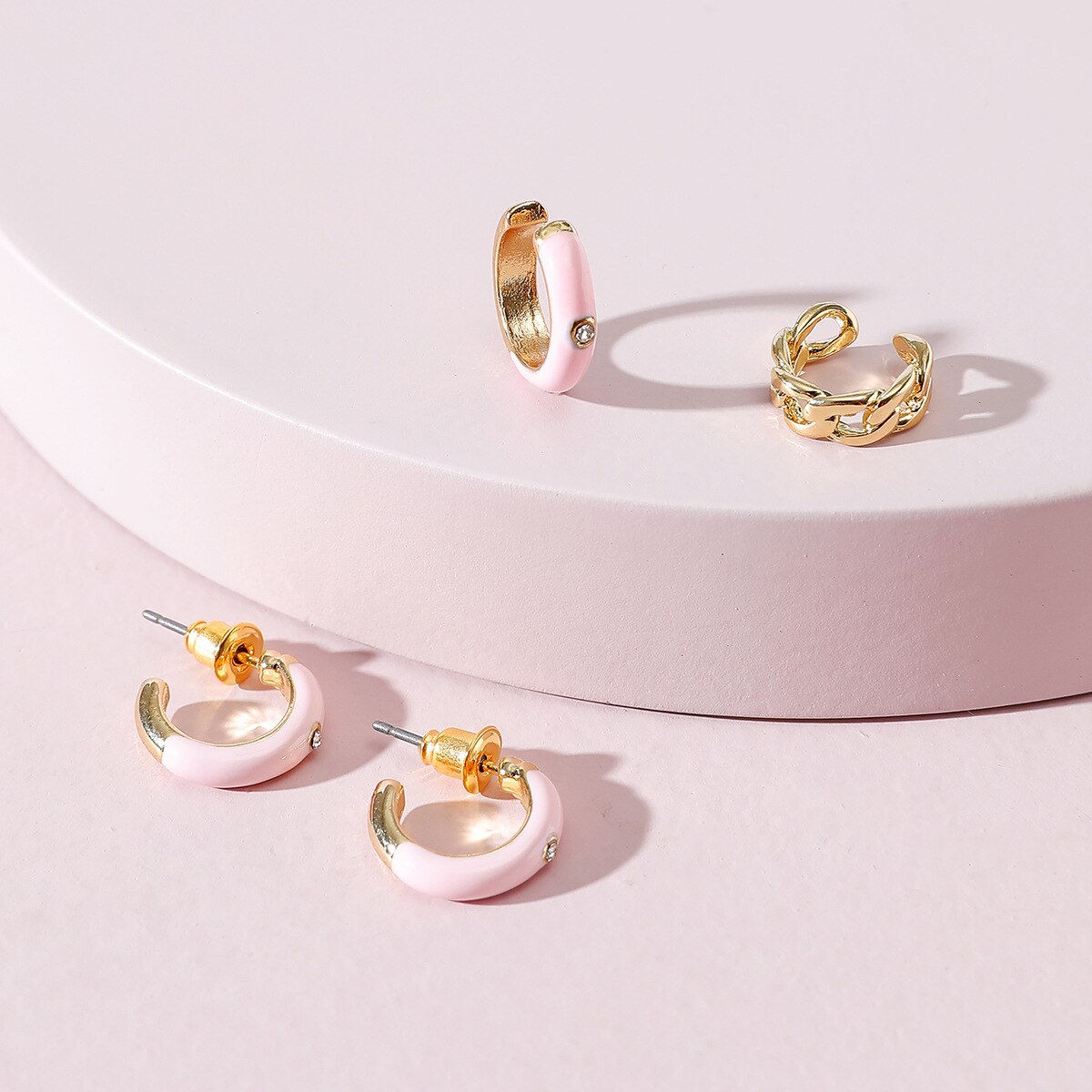 4 pçs nova cor esmalte minúsculos brincos de argola para mulher cz orelha piercing huggie com corrente dourada ouvido manguito conjunto moda jóias presente