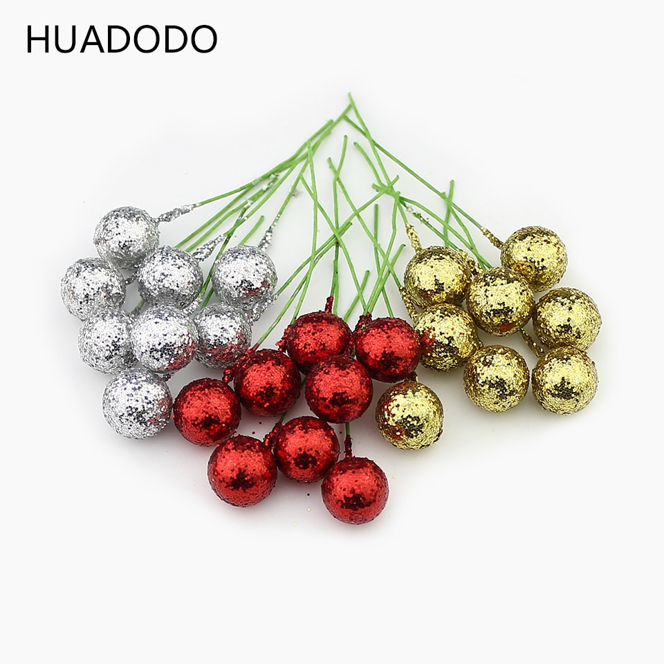 HUADODO 50 stks Glitter Kunstmatige Bessen Meeldraden Rood Goud sliver kunstbloemen cherry voor Bruiloft Kerstdecoratie 12mm