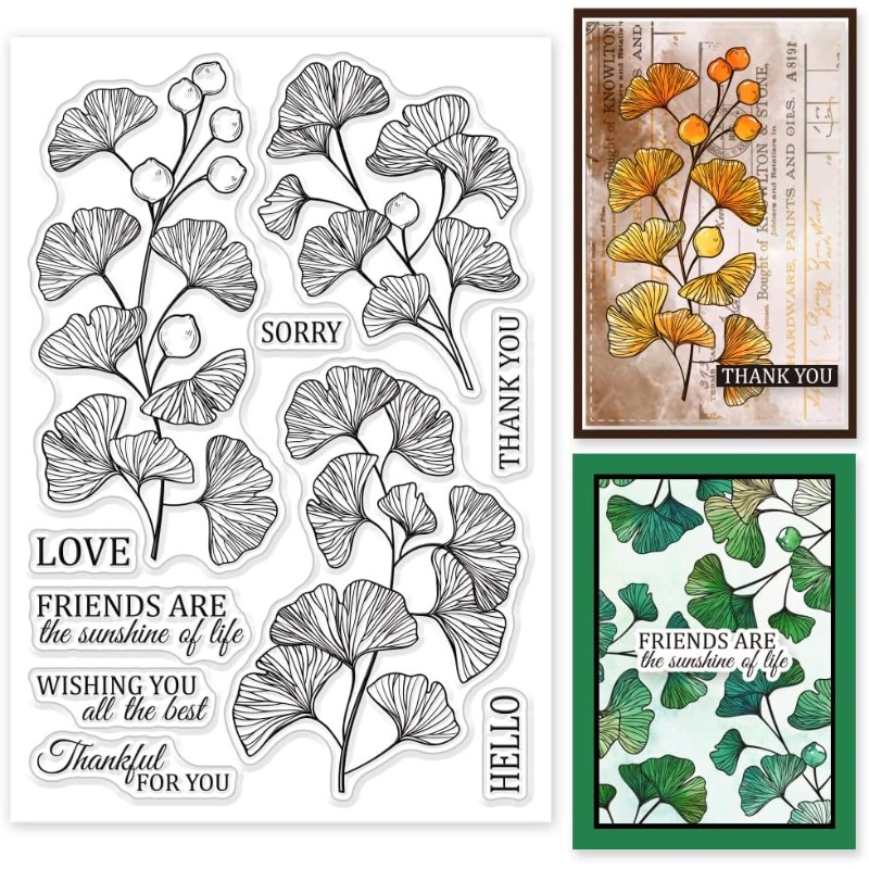 1 hoja de sellos transparentes con texto de bendición de hojas de Ginkgo para hacer tarjetas, sellos transparentes de hojas de otoño, sellos transparentes para bricolaje