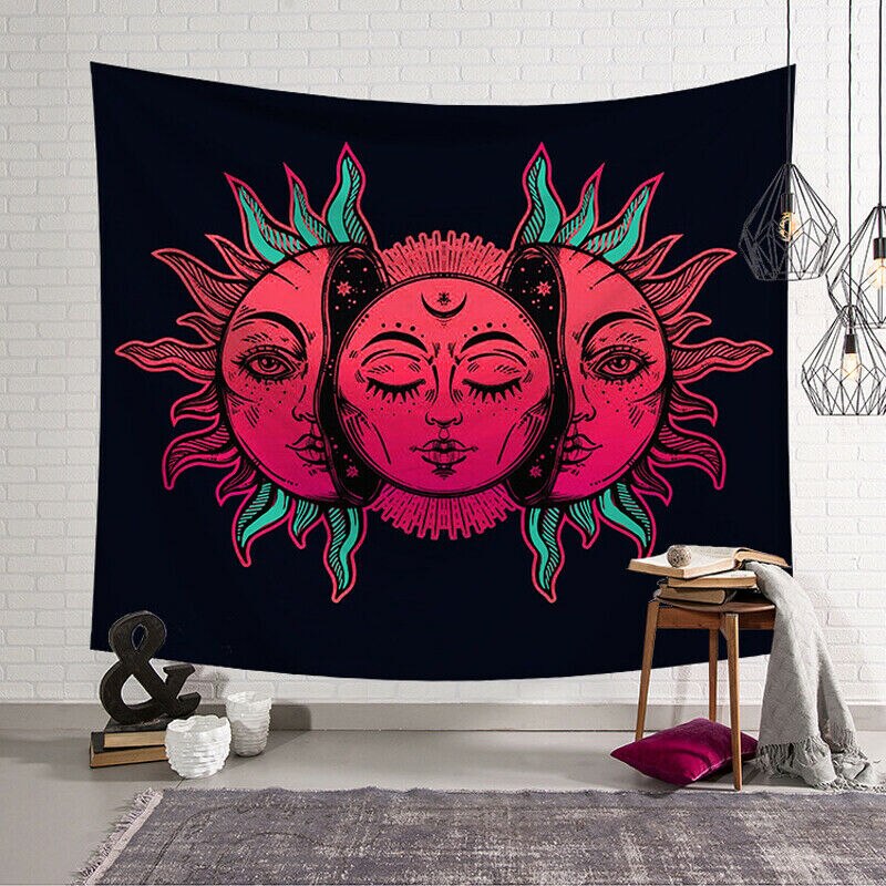 Vintage sol og måne indisk mandala gobelin væghængende hippie sengetæppe sigøjner kunstindretning boheme strandmåtte 95 x 73cm