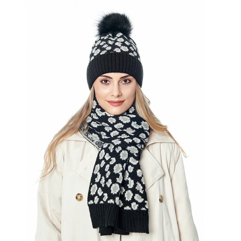 Dam stickad mössa och halsduk i 2 delar vinter vintage leopard fluffig pompom med manschett döskalle tjockare sjal halsvärmare