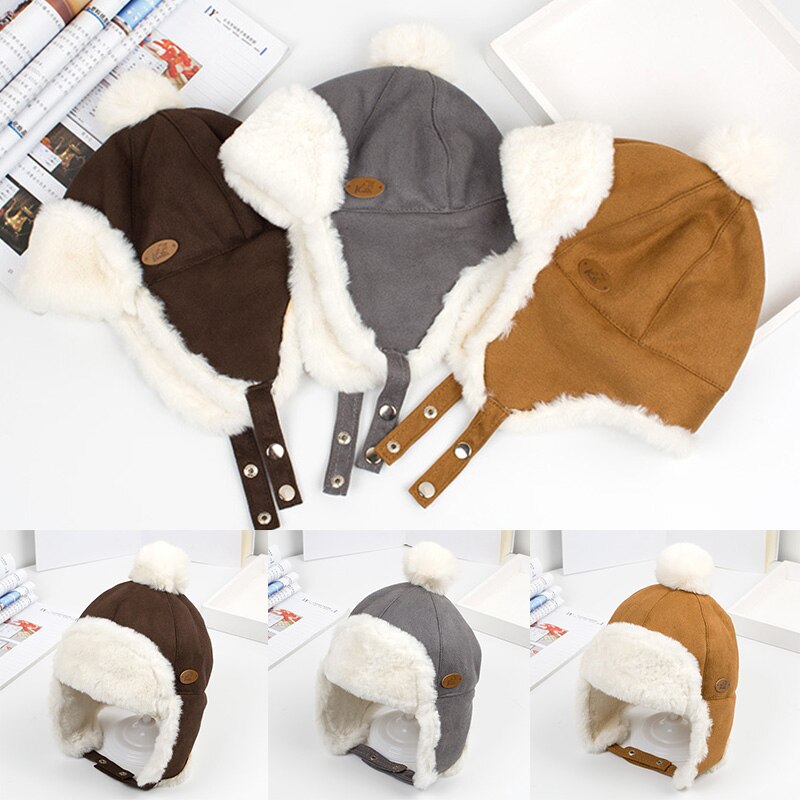 Suede Oorbeschermers Baby Hoed Bont Pompom Baby Jongen Meisje Beanie Leuke Verdikking Warm Pluche Cap Kinderen Hoeden