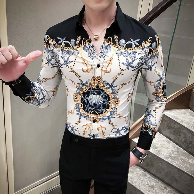 Guld sort koreansk mænd tøj streetwear print mænd casual skjorte slim fit mænd skjorte kjole fest smoking camiseta masculina: Øvre skulder sort / Koreansk  m 48-52kg