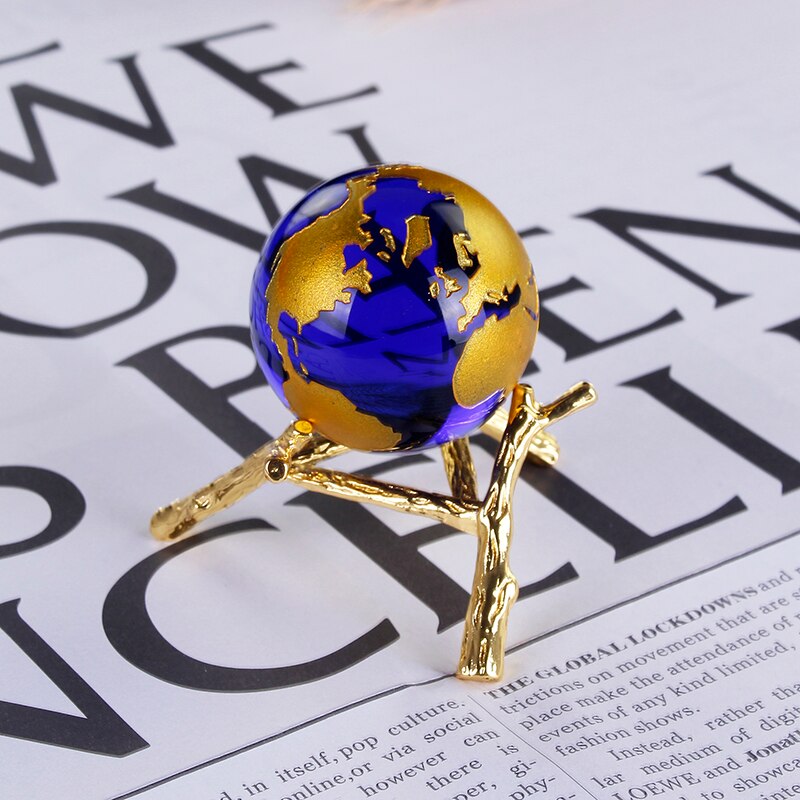 Blue Gold Crystal Aarde Model Global World Map Bol Feng Shui Woondecoratie Accessoire Craft Geografie