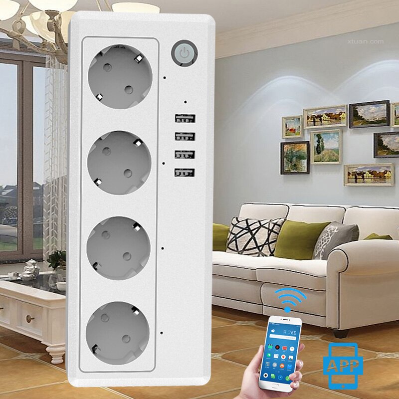 16A Smart Power Strip EU UK US Wifi Socket Switch 4 AC Outlets 4 Fast Charging USB Port for Alexa and Google Home 1.8M Length