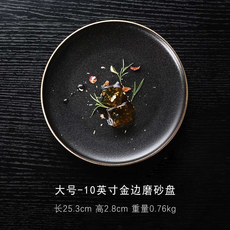 Guldkant rund keramisk tallerken fad sort porcelænsservice western-stil middagsretter og tallerkener salat bøf frugt tallerken: C - l