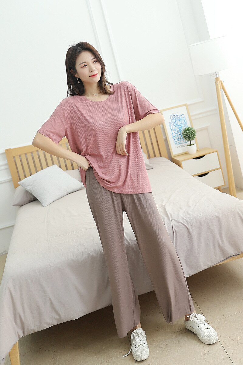 Plus size lösa fritidstoppar kvinnors vår- och sommarkostymer stil dampyjamas kortärmade pyjamasset: Grå / Xl