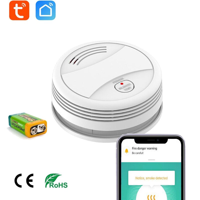 Tuya Smart WiFi Smoke detector sensor Fire sound and light alarm Tuya Smart App alarm real time push alarm battery powered