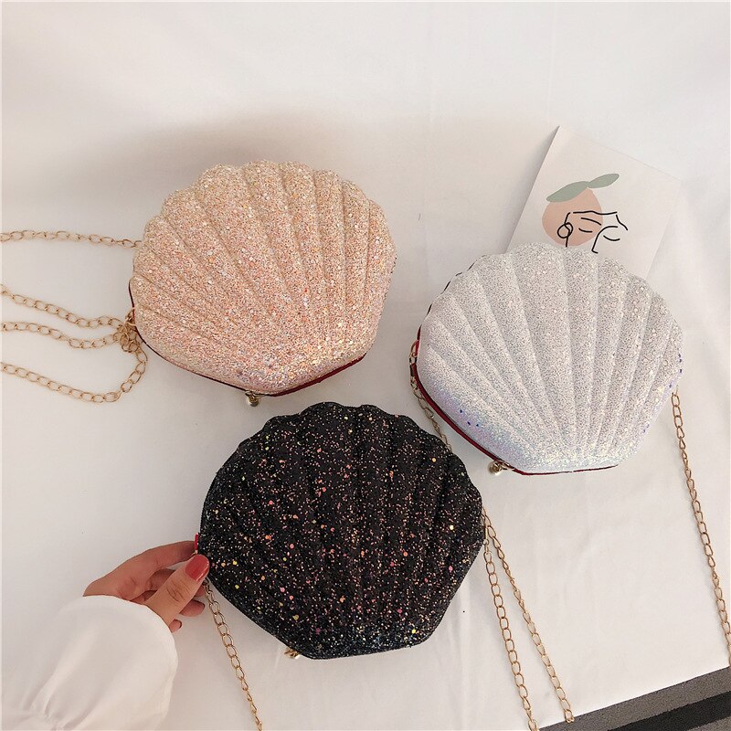 Chain Sequined Shoulder Bag for Women Pu Leather Handbags Cute Shell Shape Purse Mini Bag Bolsa Feminina Messenger Bag