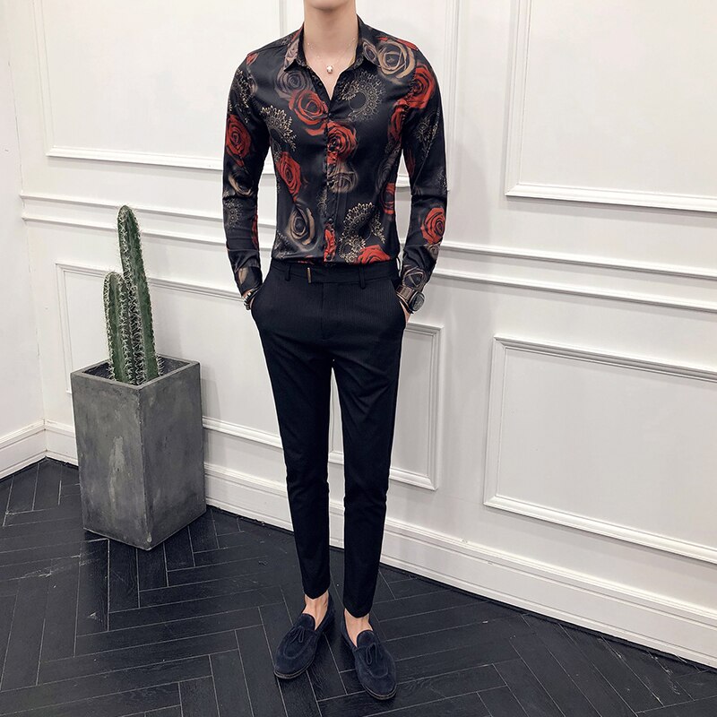 Rose Print Shirt Mannen Patroon Bloemen Shirt Mannen Lange Mouwen Slim Party Shirt Clube Camisa Mannen kleding