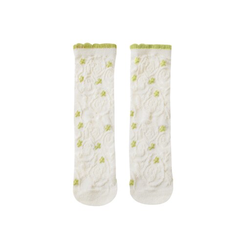 Girls' Pastoral Style Socks 2022 Spring Wavy Edge Three-Dimensional Flower Medium Tube Socks: green flower