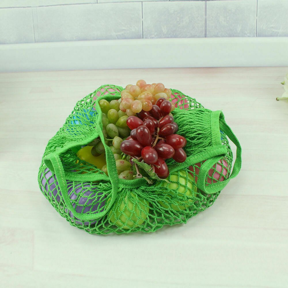 Grand cabas de courses réutilisable, sac de courses en coton et mailles tissées à réutiliser pour courses en épicerie avec bandes pour fruits: green