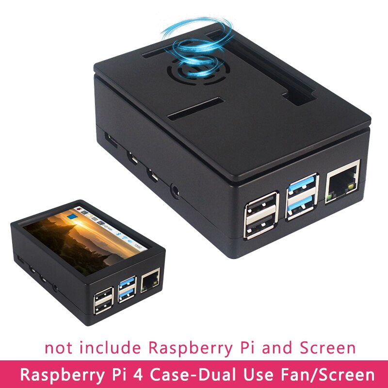 Raspberry Pi 4-Carcasa de ABS, soporte de caja negra, ventilador de refrigeración y pantalla táctil de 3,5 pulgadas