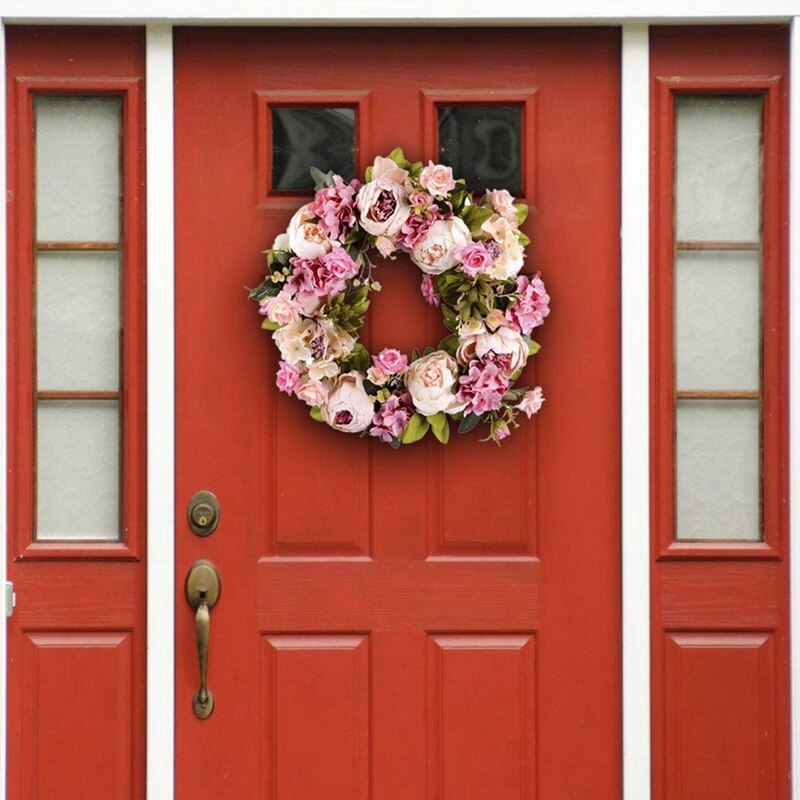 Nyeste kunstige blomsterkrans pæonkrans  - 16 tommer dørkrans fjederkrans rund krans til hoveddøren, bryllup, hjem d