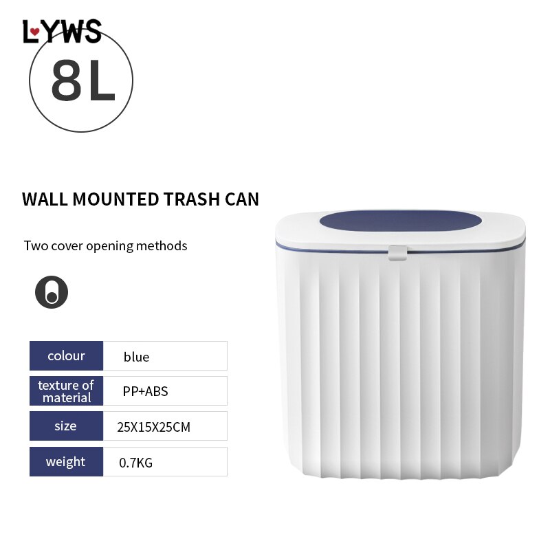 Wall Mounted Trash Can Kitchen Cabinet 8L Wall Hanging Recycling Waste Bin With Lid Garbage Bin Kitchen Bathroom Toilet Dustbin: 8L Blue