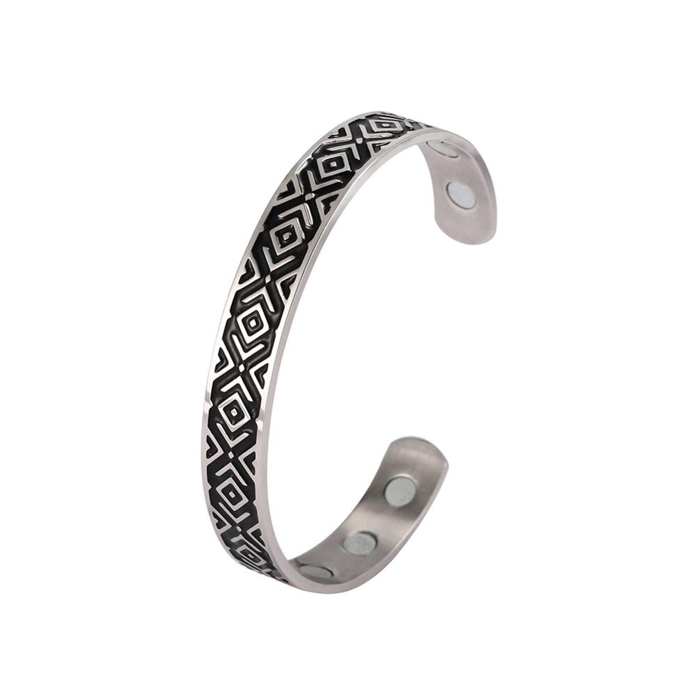 Skyrim-brazaletes nórdicos de runas para hombre y mujer, brazaletes vikingos de acero inoxidable, simples, ajustables, dorados, negros, magnéticos para la salud: Steel and Black