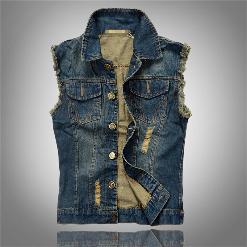 Vintage 80s heren denim vest mouwloos katoen zacht comfortabel jasjes gaten jeans hoogwaardig merk vest 6xl: Blauw / 6xl