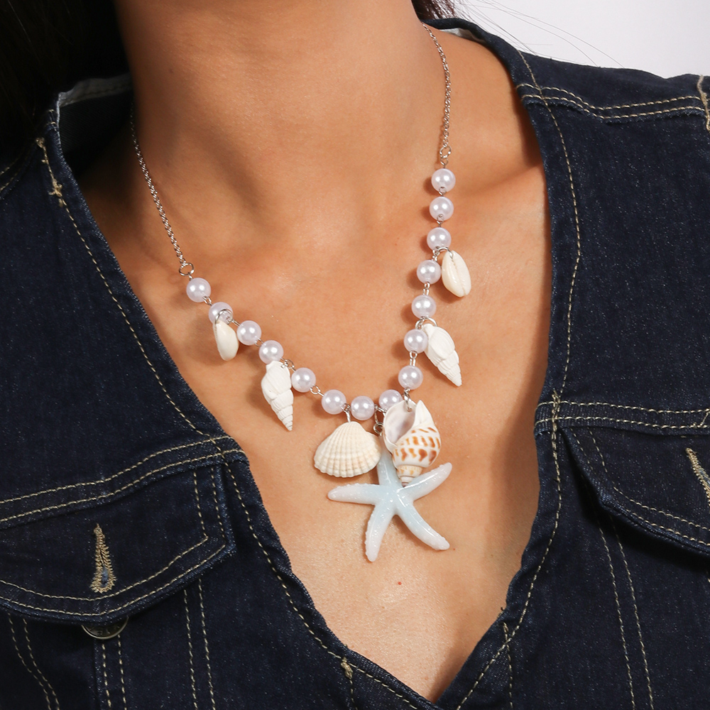 Nueva Shell estrella de mar gargantilla collares multicapa perla collares llamativos para mujer playa: Azul de zinc