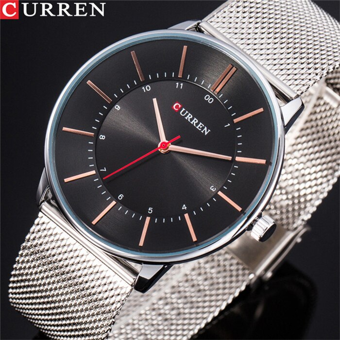 CURREN de lujo para hombre, relojes casuales impermeables de acero inoxidable, reloj de pulsera deportivo de cuarzo para hombre, reloj masculino: silver black