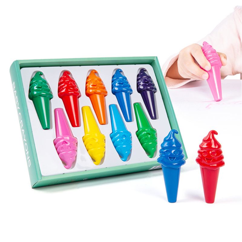 9 Colors Ice Cream Shape Crayons Non Toxic Washable Painting Drawing Wax for Baby Kids Educational Art Supplies
