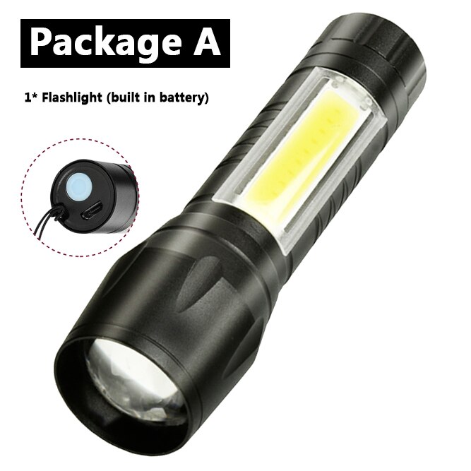 Xp-g  q5 indbygget batteri led mini lommelygte aluminium 4 modes fakkel cob zoom vandtæt udendørs sportskamera lys pærer sort: Valgmulighed a