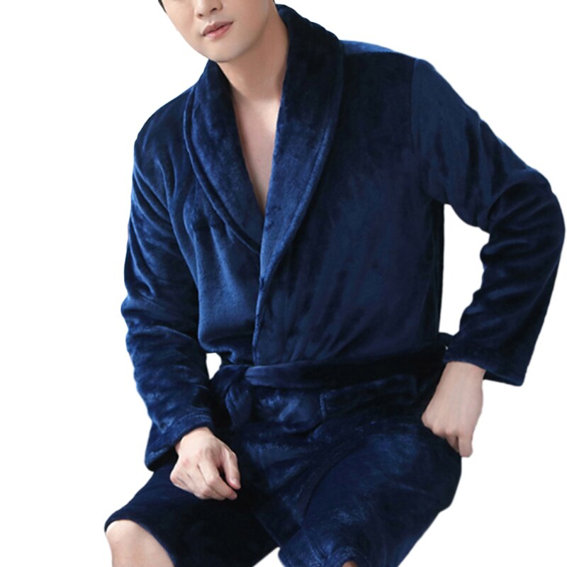 Men Casual Kimono Bathrobe Autumn Winter Flannel Long Robe Thick Warm Sleepwear Nightgown Male Loose Home Wear: navy