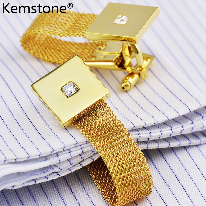 Gemelos de cadena de Color dorado Kemstone de lujo con gemelos de cristal para hombre para de joyería de boda al por mayor