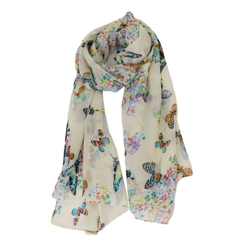 135x40cm Women Bohemian Chiffon Long Scarf Colorful Butterflies Floral Printed Shawl Lightweight Neck Soft Blanket Beach Wrap
