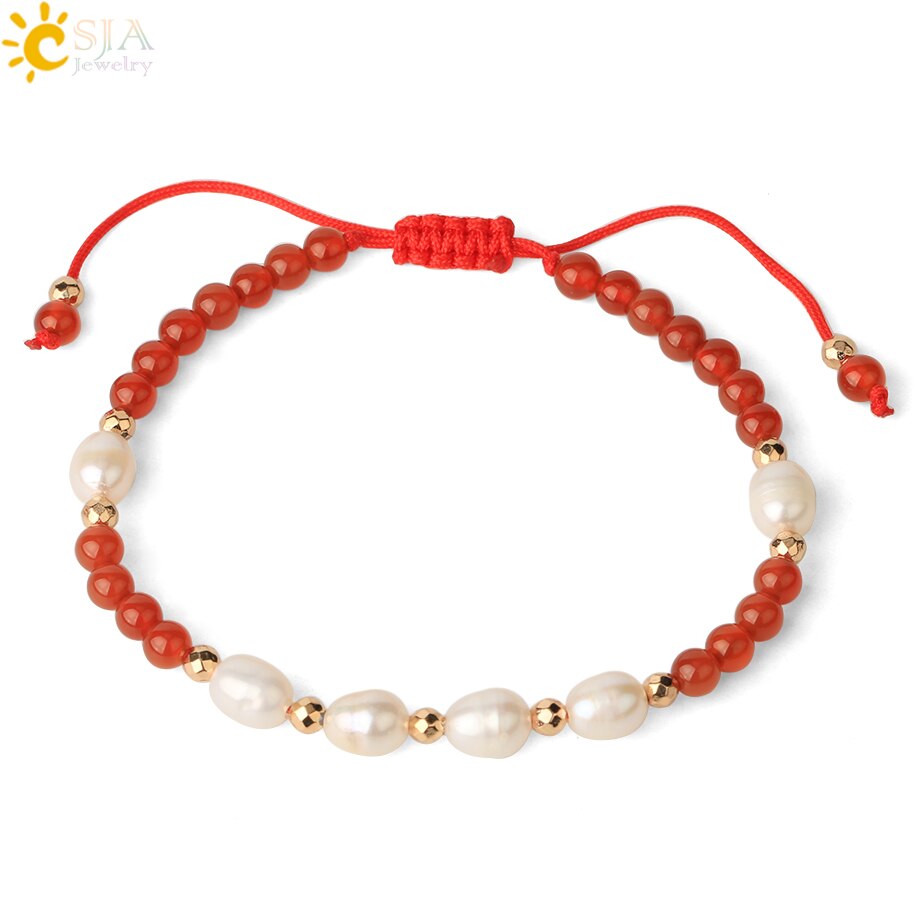 Csja Strand Armband 4 Mm Natuursteen Witte Parel Kristal Kralen Verstelbare Gevlochten Armbanden Voor Vrouwen Mannen Healing Sieraden G482: Red Agate