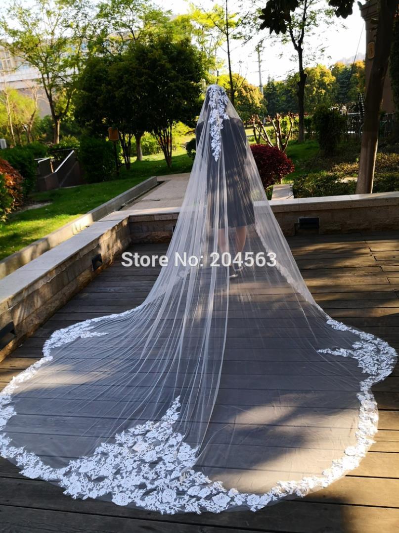 Velo de boda de una capa con borde de encaje, velo de novia con foto Real, único, catedral, MM