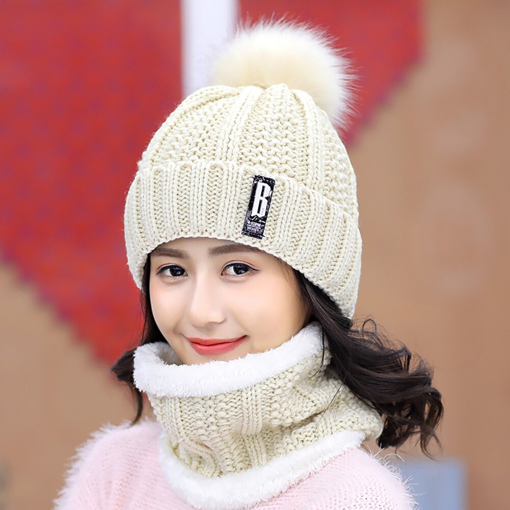 Winter Hats Women Thick Knitted Beanie Hat Plush Neck Gaiter Scarf Outdoor Riding Set Warm Cute Female Cap Soft Set