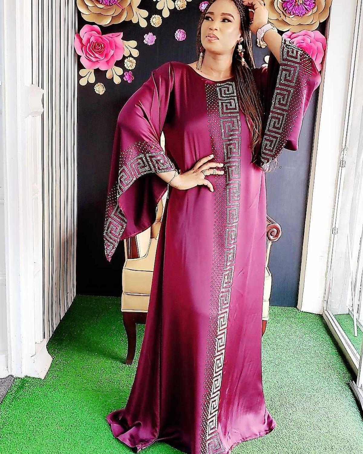 Robe Dashiki en soie à perles, à bandes, Hijab Maxi, africain, Bazin, à manches longues, Vintage, Sexy, Robe de soirée africaine: wine red / XL
