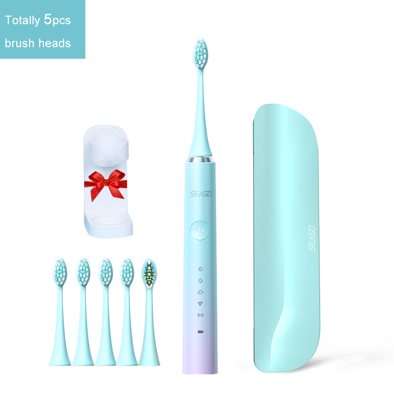 SEAGO – brosse à dents électrique Rechargeable pour adulte, sonique, étanche, 5 têtes, boîte de voyage, recommandé par le dentiste: Light Green
