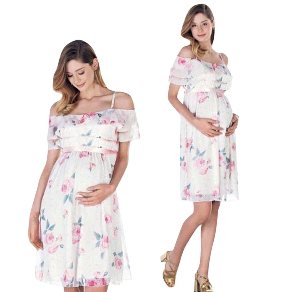 Mutterschaft Chiffon Kleider Fotografie Requisiten Womens Floral Print Off Schulter Kleid Robe Grossesse Kleid Schwangere Plus Größe S-XL