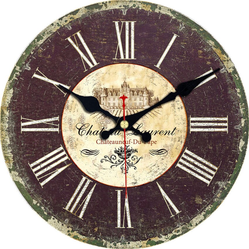 Vintage Tuscan Round Wall Clock Gray Red Quartz Battery Operated Shabby Clock Large Clock Retro Rustic Country Wooden Wall Clock: 13361 / 16inch(40cm)
