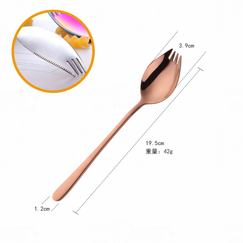 Stainless Steel Fork and Spoon Integrated Spoon and Fork Integrated Korean Household Long-Handled Salad Fork Dessert Fork Spoon: rose gold