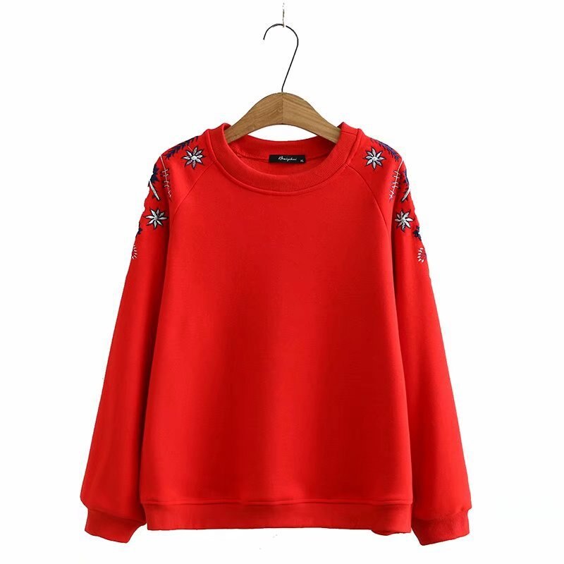 Sudaderas con capucha para mujer, ropa de talla grande, sudaderas holgadas informales bordadas con forro polar Floral, Tops cálidos para mujer , Otoño e Invierno 236: Rojo / XXXL