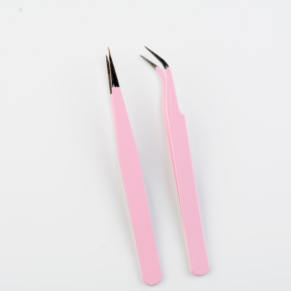 2Pcs Rvs Roze Hetero + Bend Tweezer Voor Wimper Extensions Nail Art Tangen Nail Tool