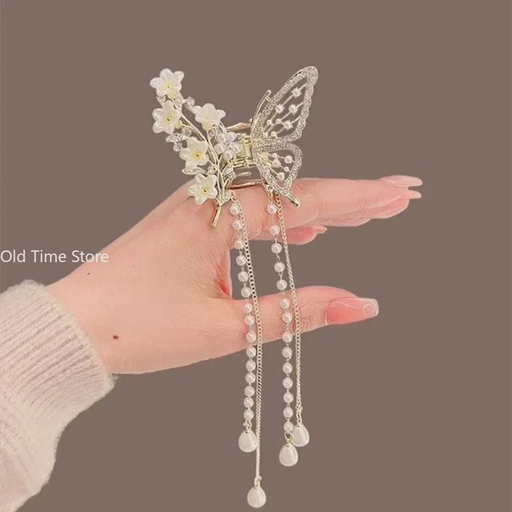 Pinza para el pelo con borlas de mariposa y perlas, horquilla para Festival de flores rojas para niñas, pinzas para el pelo con cola de caballo, accesorios de para mujeres y cangrejos,
